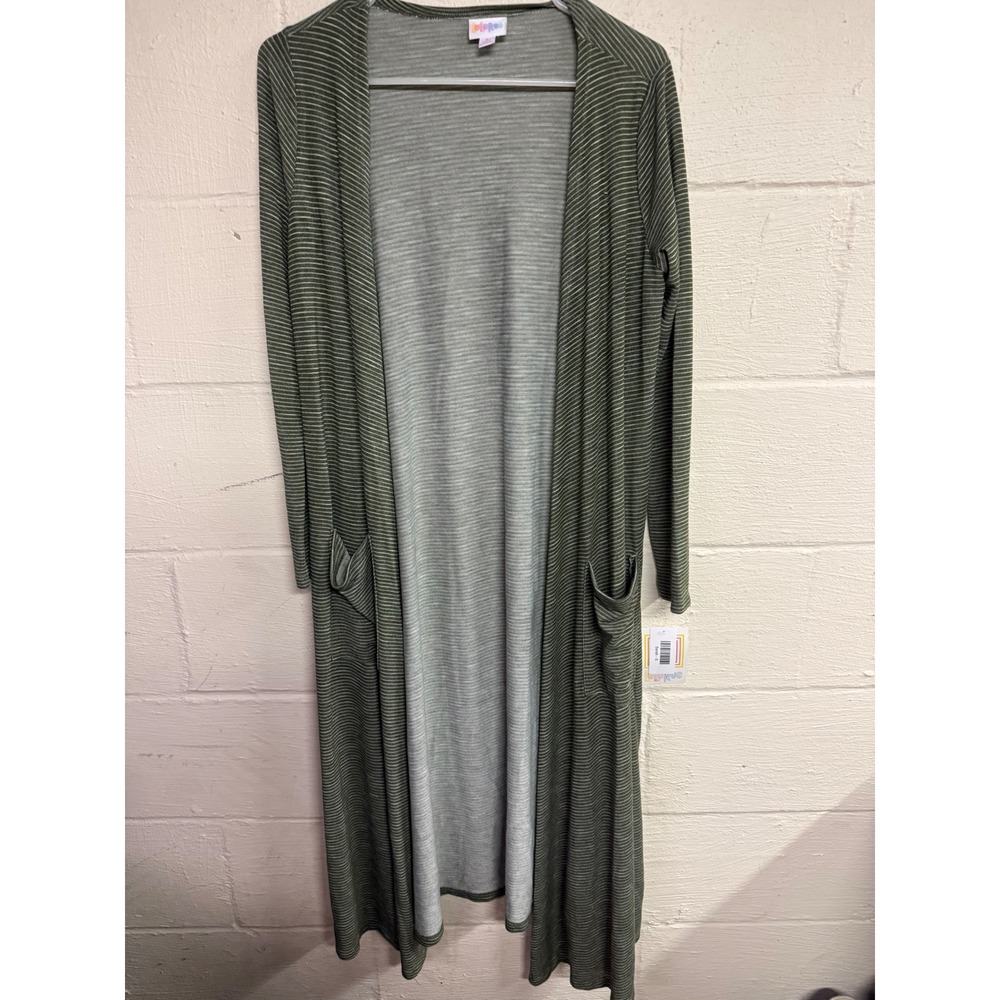 LuLaRoe Sarah Long Cardigan Duster Sweater Olive Green Striped Pockets Small NWT